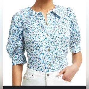H by Halston Floral Lace Trim Peter Pan Collar Button Down Puff Sleeve XS